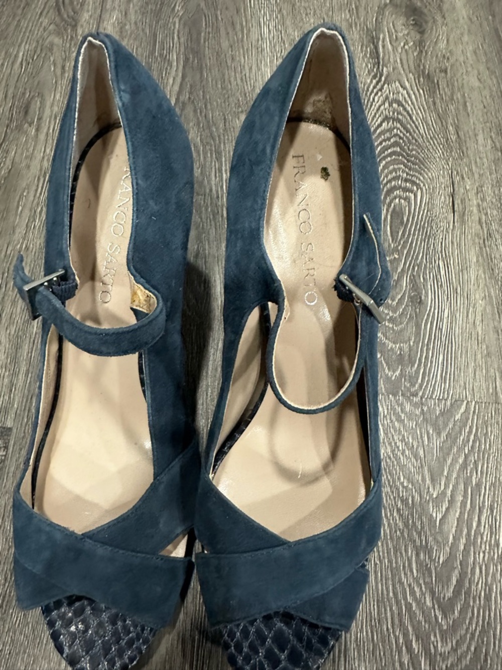 Franco Sarto Dark Blue Suede Peep-Toe Heels Size 10 - Picture 2 of 15